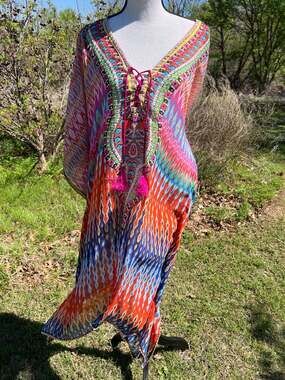 True Colours By La Moda Embellished Lace-Up Kaftan Dress